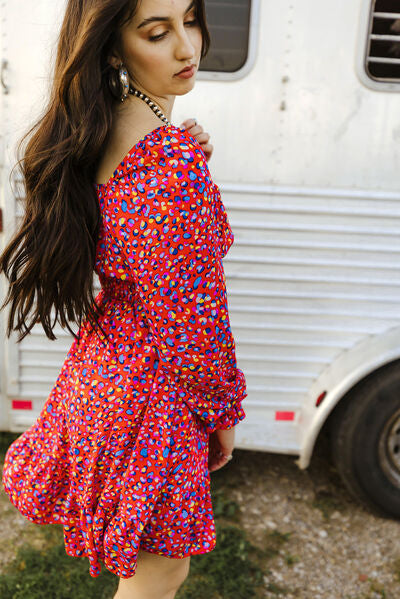 Printed Smocked Flounce Sleeve Dress |1mrk.com