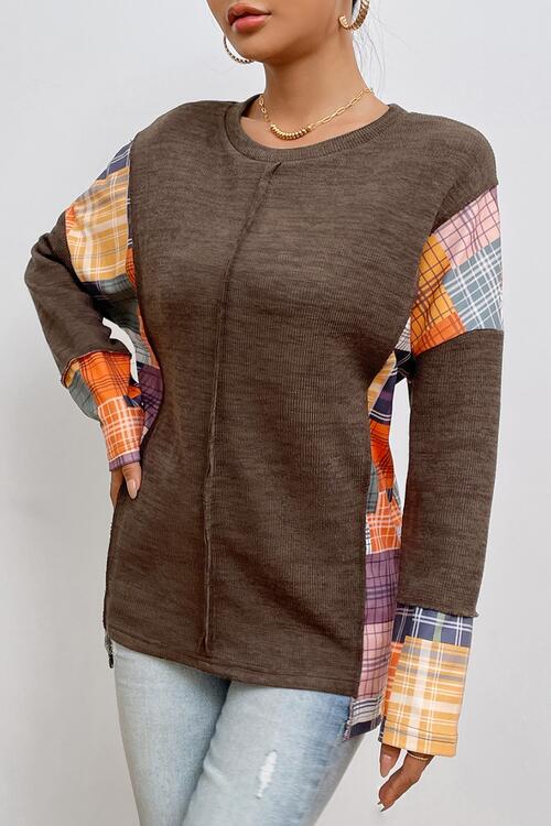 Plaid Exposed Seam Round Neck Sweatshirt |1mrk.com