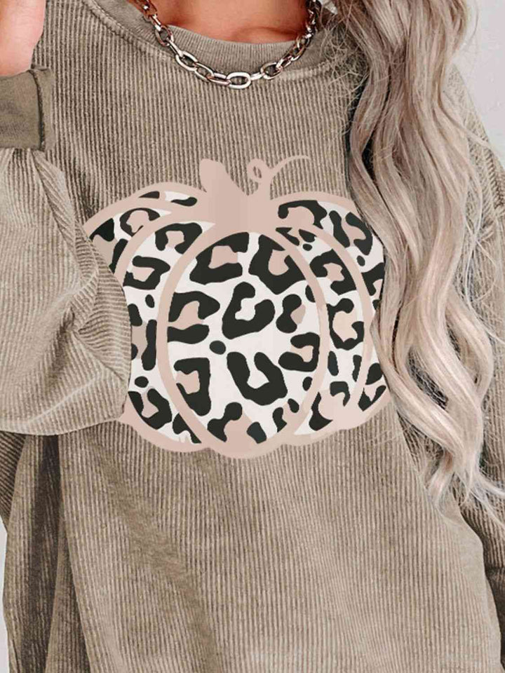 Leopard Pumpkin Graphic Ribbed Sweatshirt |1mrk.com