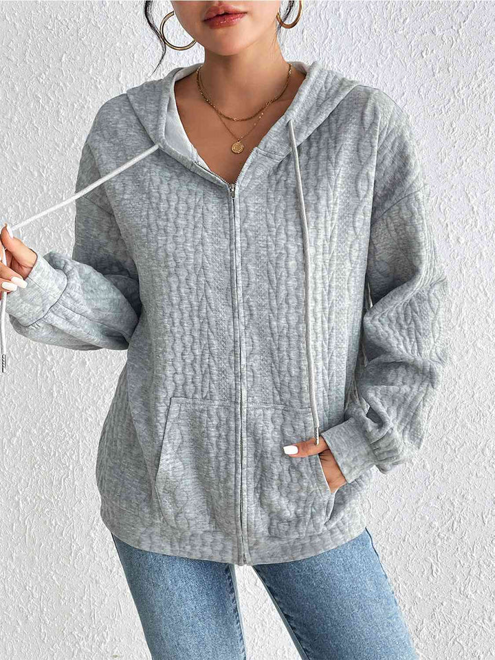 Zip Up Drawstring Long Sleeve Hoodie with Pockets |1mrk.com