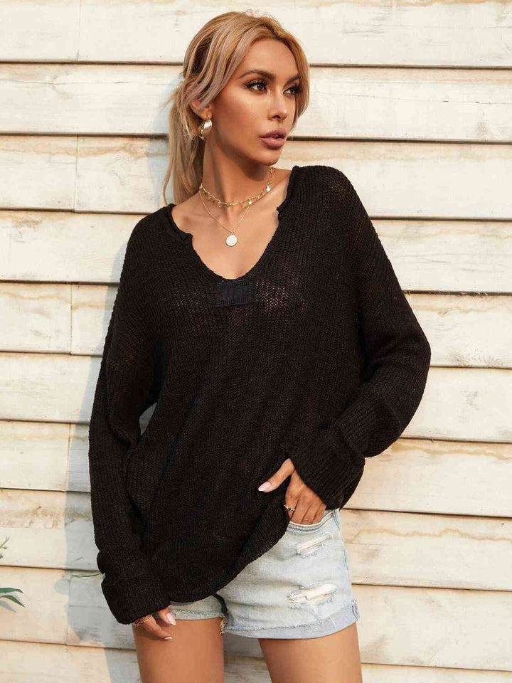 Notched Neck Slit Knit Top | 1mrk.com