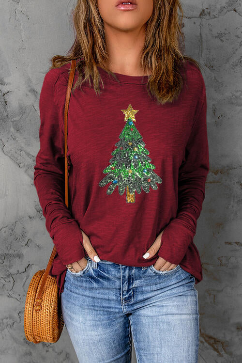 Sequin Christmas Tree Long Sleeve T-Shirt | 1mrk.com