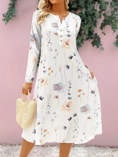 Floral Notched Long Sleeve Midi Dress |1mrk.com