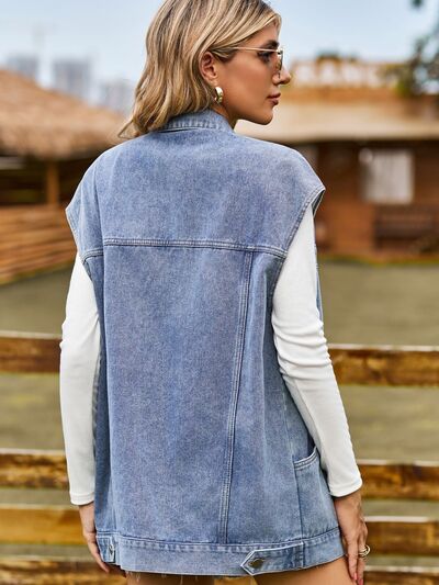 Button Up Collared Neck Sleeveless Denim Jacket | 1mrk.com