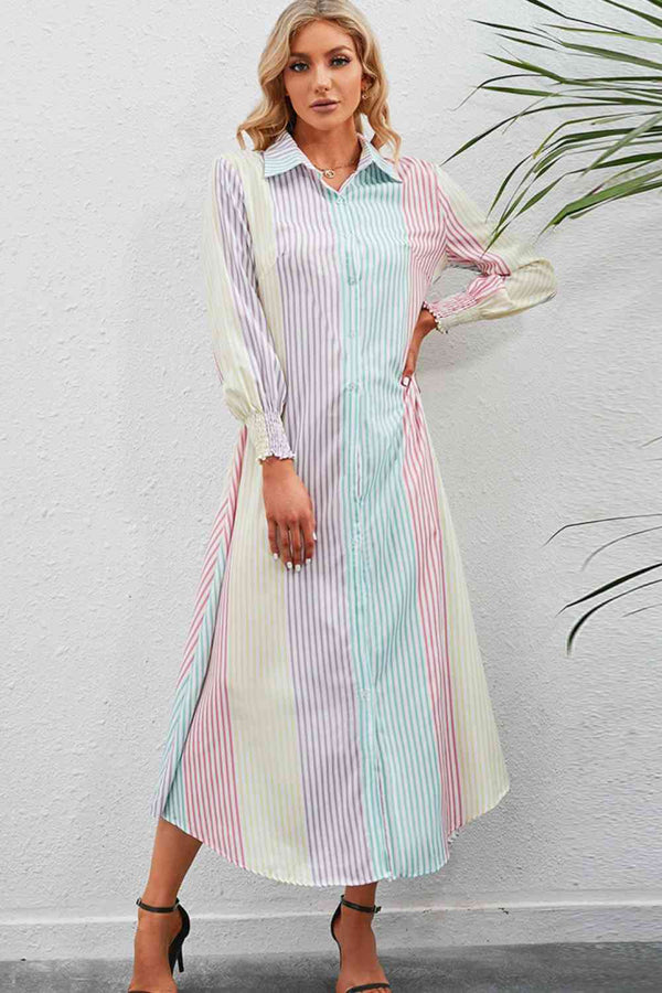 Rainbow Stripe Button-Up Maxi Shirt Dress |1mrk.com