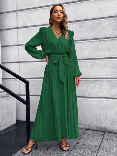 Pleated Surplice Tie Waist Maxi Dress |1mrk.com