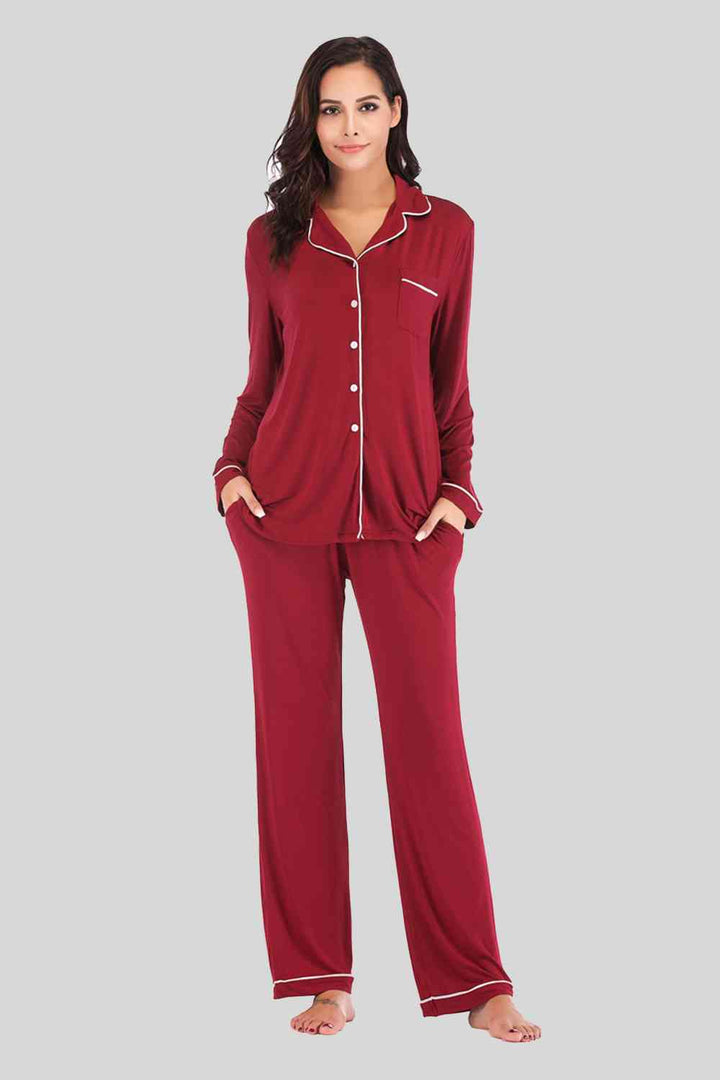 Collared Neck Long Sleeve Loungewear Set with Pockets | 1mrk.com