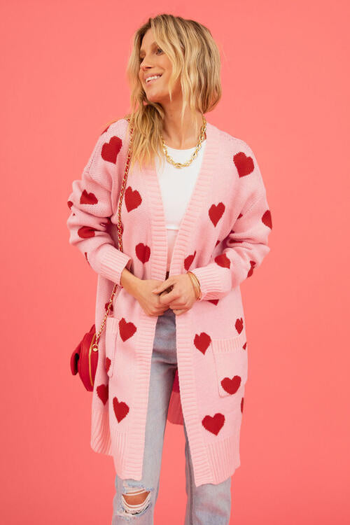 Heart Graphic Open Front Cardigan with Pockets |1mrk.com