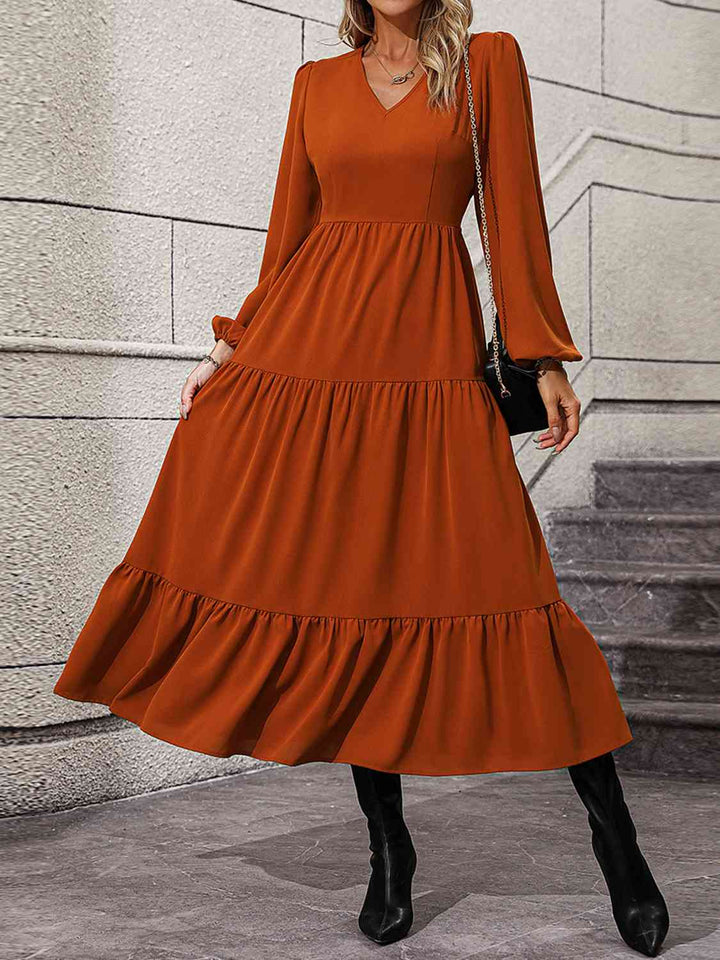 V-Neck Long Sleeve Tiered Dress |1mrk.com