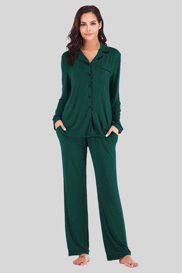 Collared Neck Long Sleeve Loungewear Set with Pockets | 1mrk.com