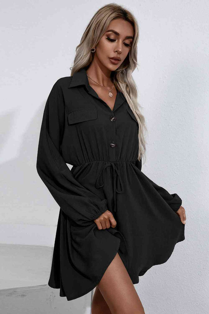 Collared Tie Waist Button Up Shirt Dress |1mrk.com