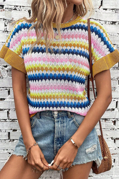 Striped Round Neck Short Sleeve Sweater |1mrk.com