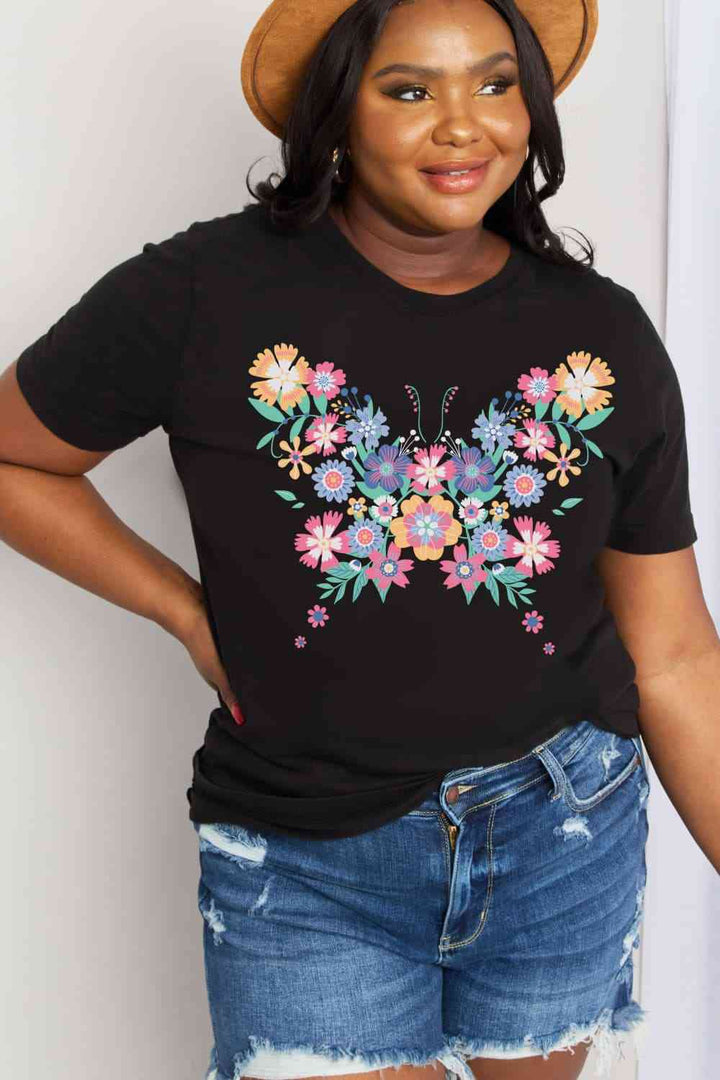 Simply Love Simply Love Full Size Flower Butterfly Graphic Cotton Tee | 1mrk.com