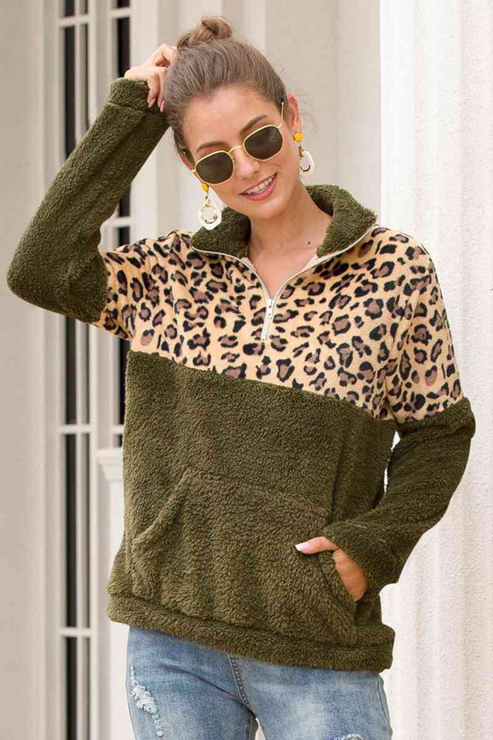 Leopard Zip-Up Turtle Neck Dropped Shoulder Sweatshirt |1mrk.com