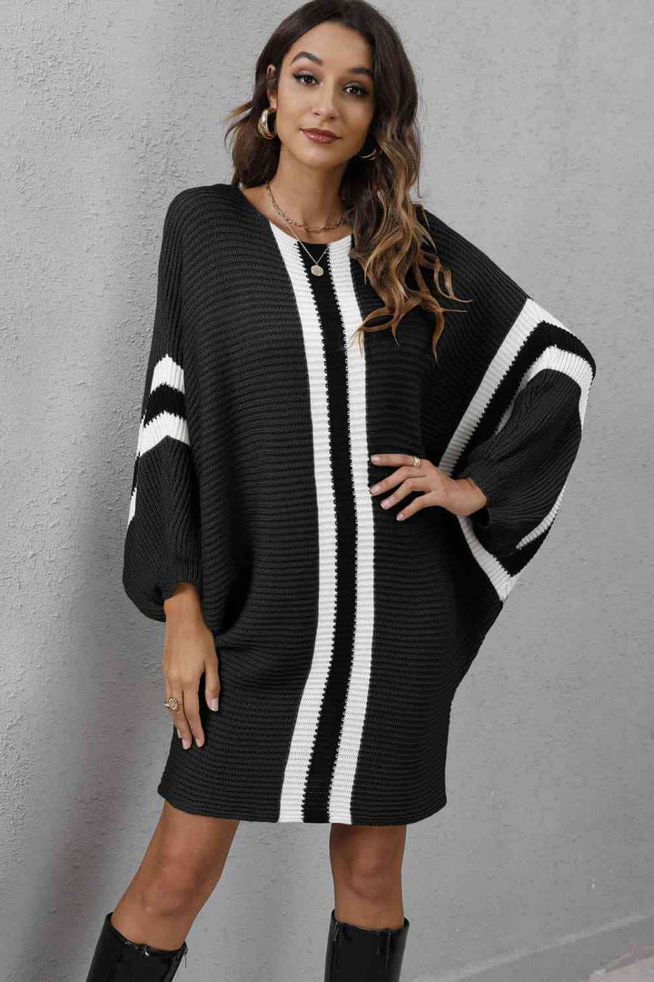 Ribbed Round Neck Long Sleeve Sweater Dress | 1mrk.com