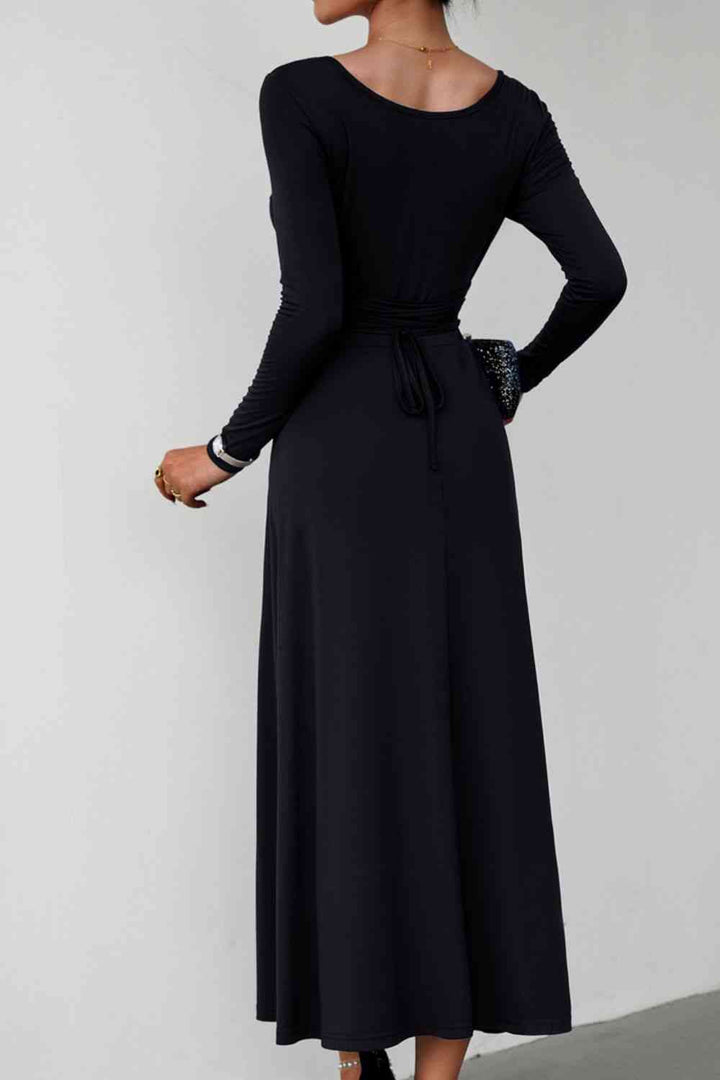 Scoop Neck Long Sleeve Lace-Up Maxi Dress |1mrk.com