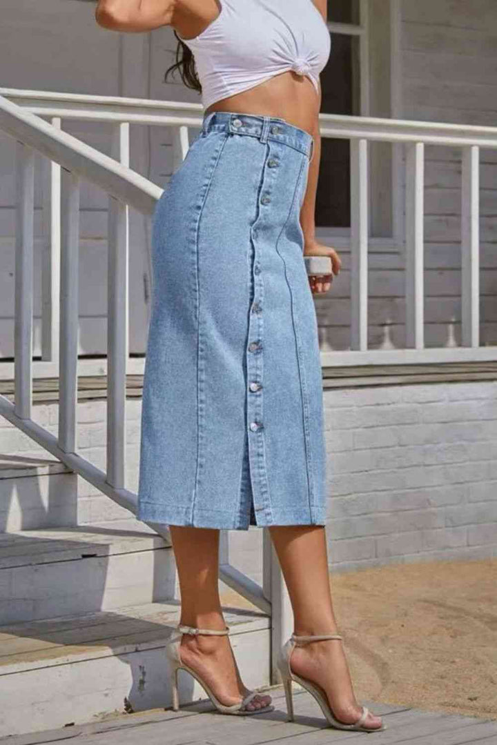 Buttoned Split Denim Skirt | 1mrk.com