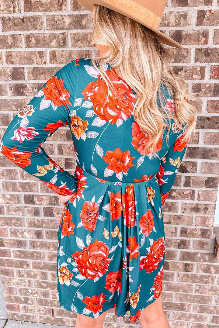 Floral Long Sleeve Pleated Detail Dress |1mrk.com