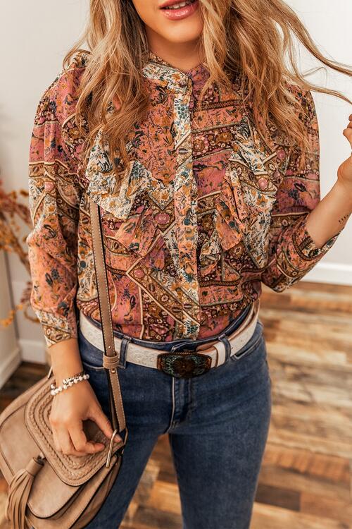 Printed Ruffled Three-Quarter Sleeve Top |1mrk.com