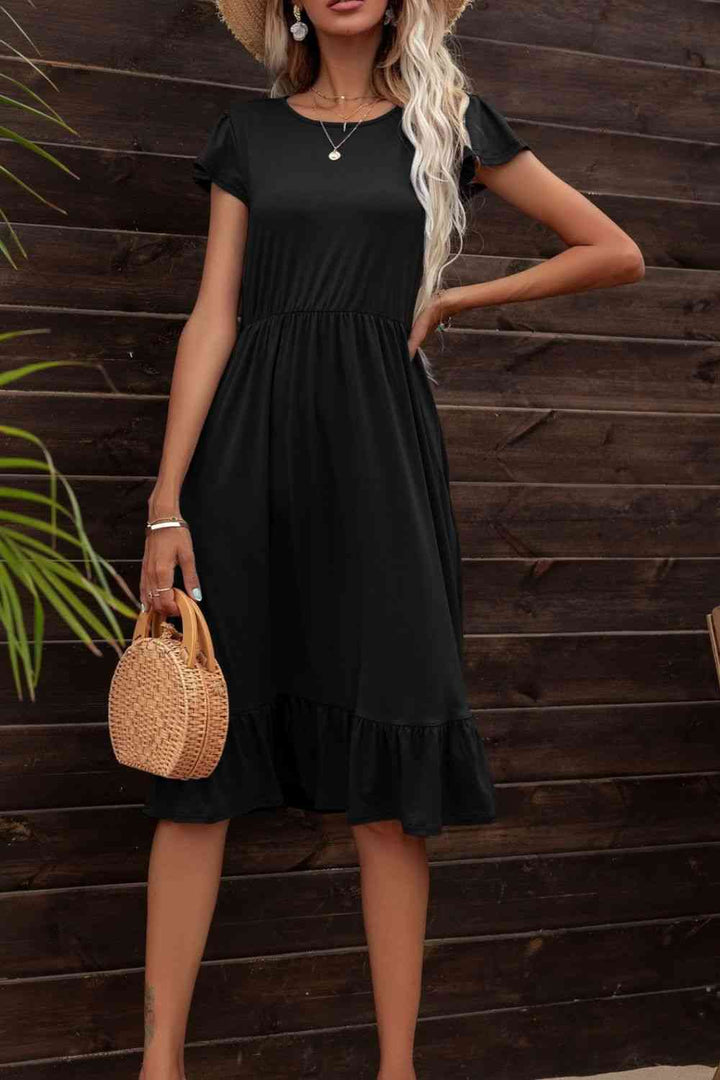 Round Neck Ruffle Hem Pocket Dress |1mrk.com