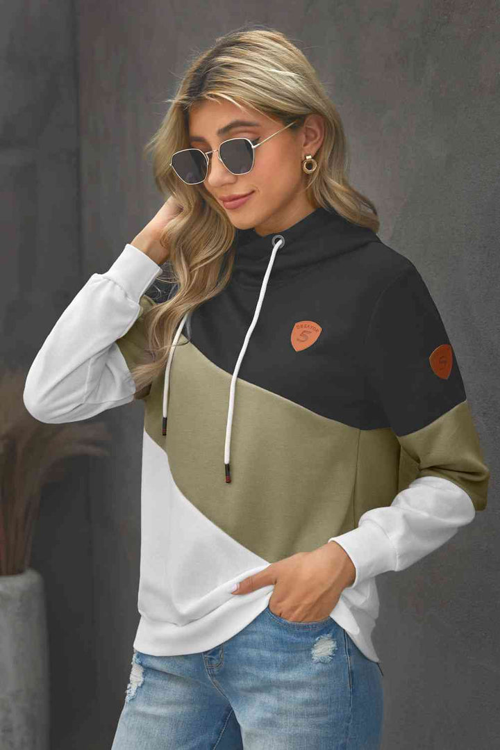 Full Size Range Color Block Cowl Neck Hoodie | 1mrk.com