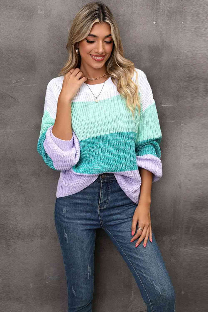 Color Block Round Neck Dropped Shoulder Sweater |1mrk.com