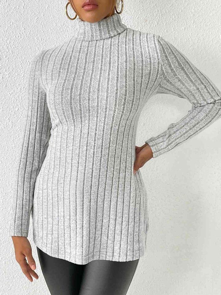 Ribbed Turtleneck Long Sleeve Slit T-Shirt | 1mrk.com