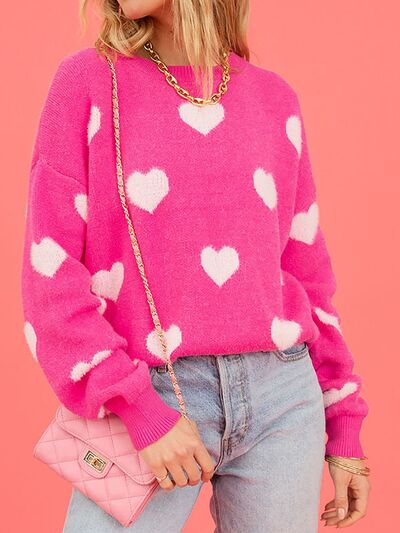 Heart Round Neck Dropped Shoulder Sweater |1mrk.com