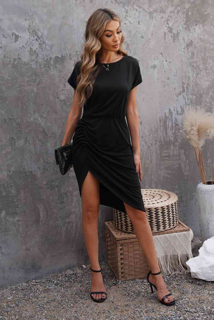 Short Sleeve Ruched Asymmetrical Hem Dress |1mrk.com