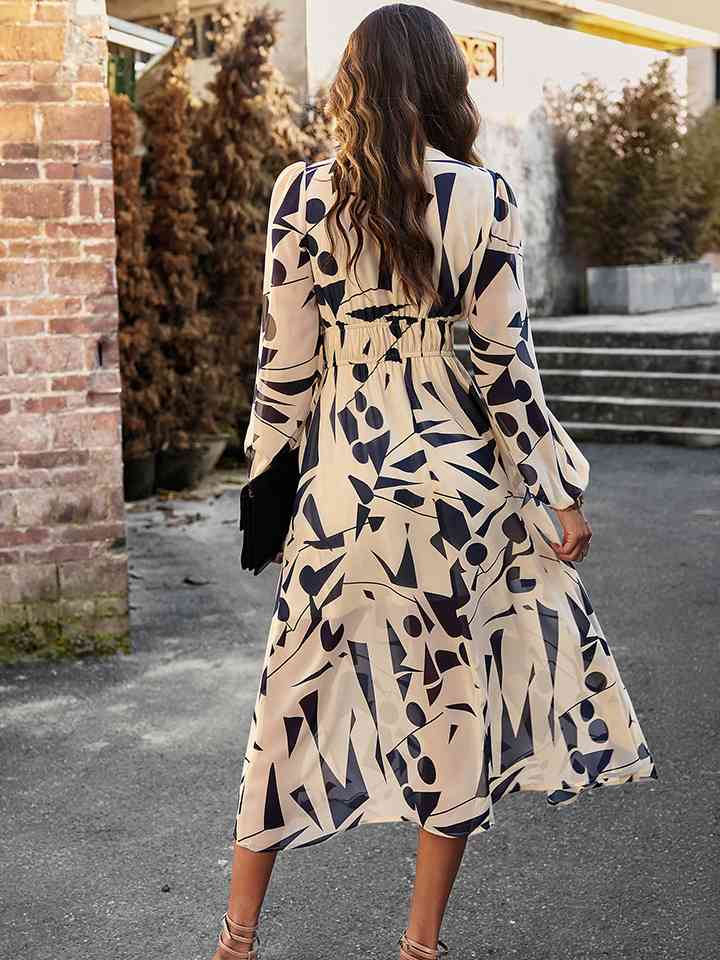 Printed V-Neck Long Sleeve Midi Dress |1mrk.com