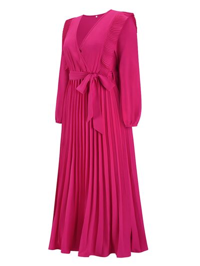 Pleated Surplice Tie Waist Maxi Dress |1mrk.com