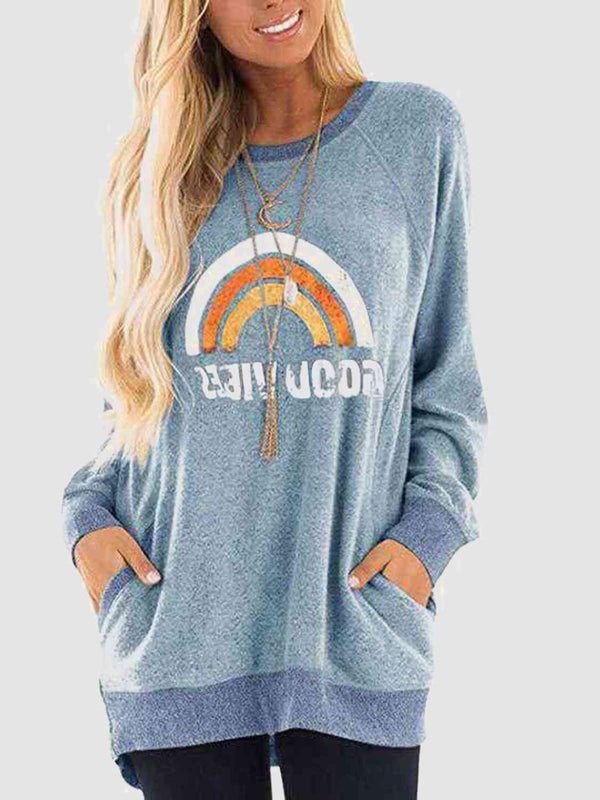 Rainbow Graphic Round Neck Sweatshirt with Pockets |1mrk.com