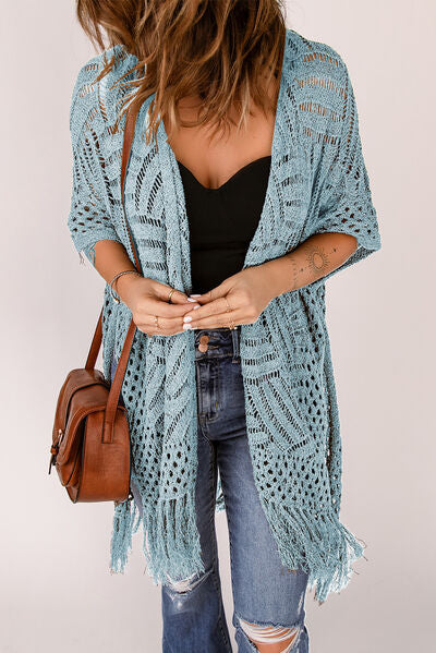 Openwork Open Front Cardigan with Fringes | Trendsi