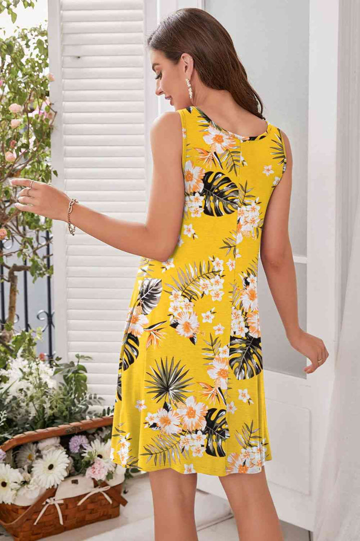 Printed Round Neck Sleeveless Dress |1mrk.com