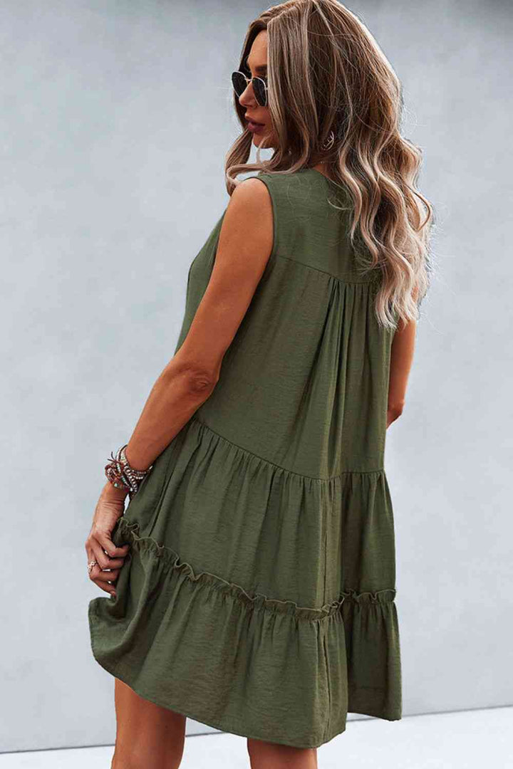 Frill Trim Notched Sleeveless Tiered Dress |1mrk.com