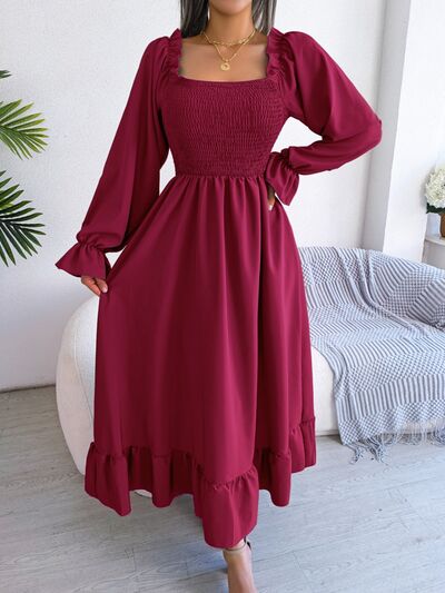 Smocked Square Neck Flounce Sleeve Dress |1mrk.com