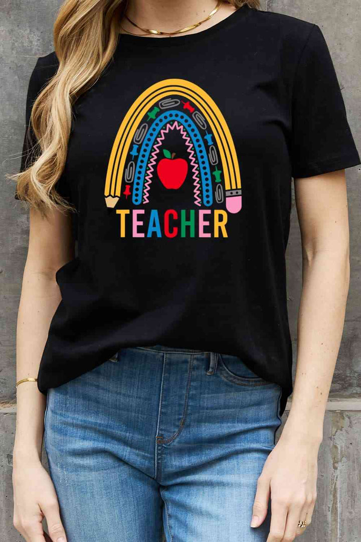 Simply Love Full Size TEACHER Rainbow Graphic Cotton Tee | 1mrk.com