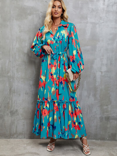 Frill Tied Printed Balloon Sleeve Dress |1mrk.com