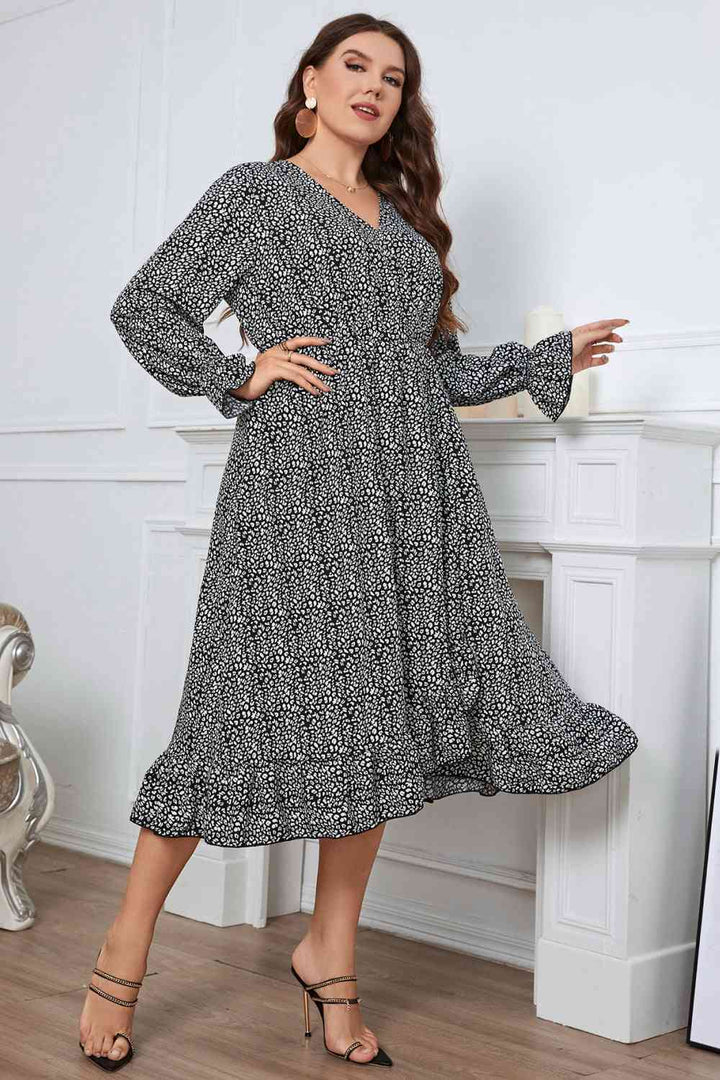 Melo Apparel Plus Size Printed V-Neck Flounce Sleeve Midi Dress |1mrk.com