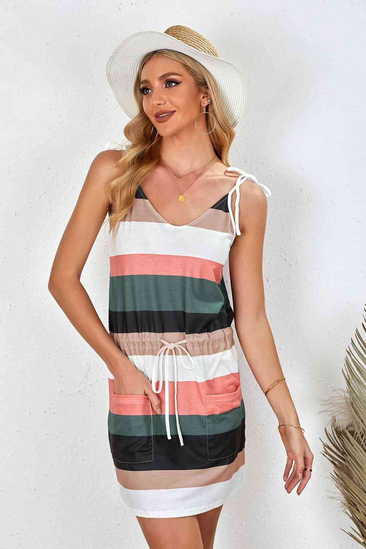 Striped Drawstring Waist Tie-Shoulder Mini Dress |1mrk.com