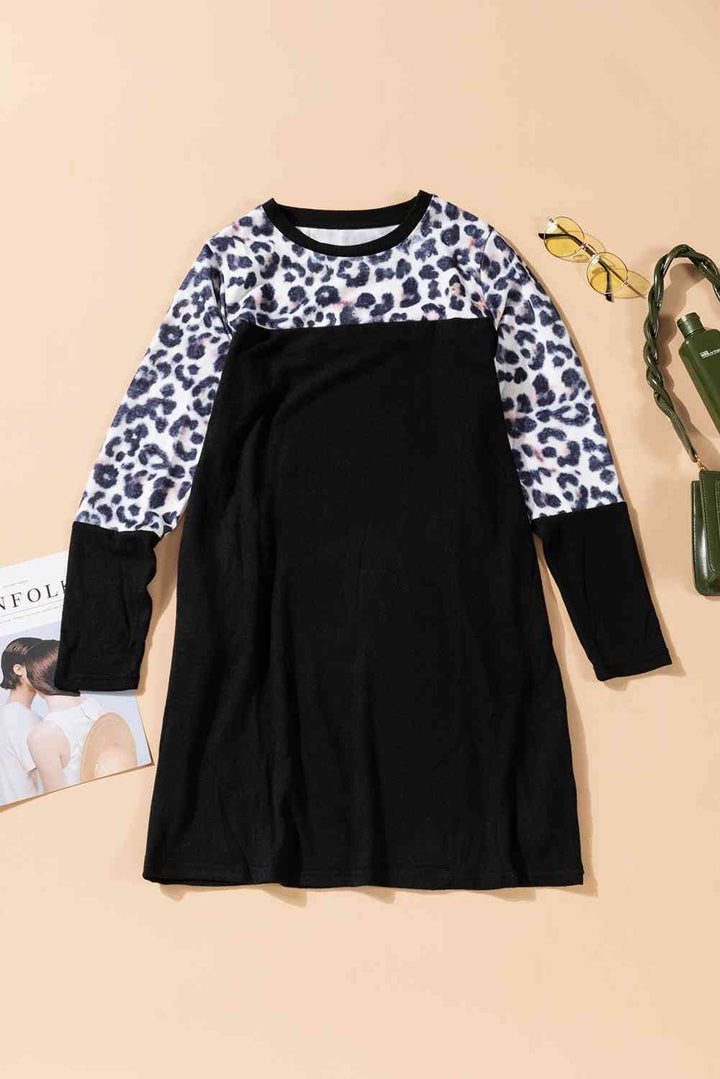 Leopard Spliced Round Neck Dress |1mrk.com