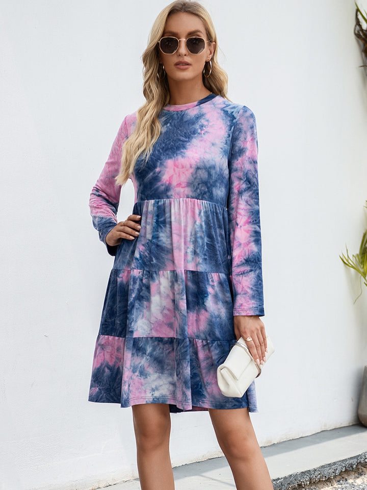 Tie-Dye Round Neck Long Sleeve Tiered Dress | Trendsi