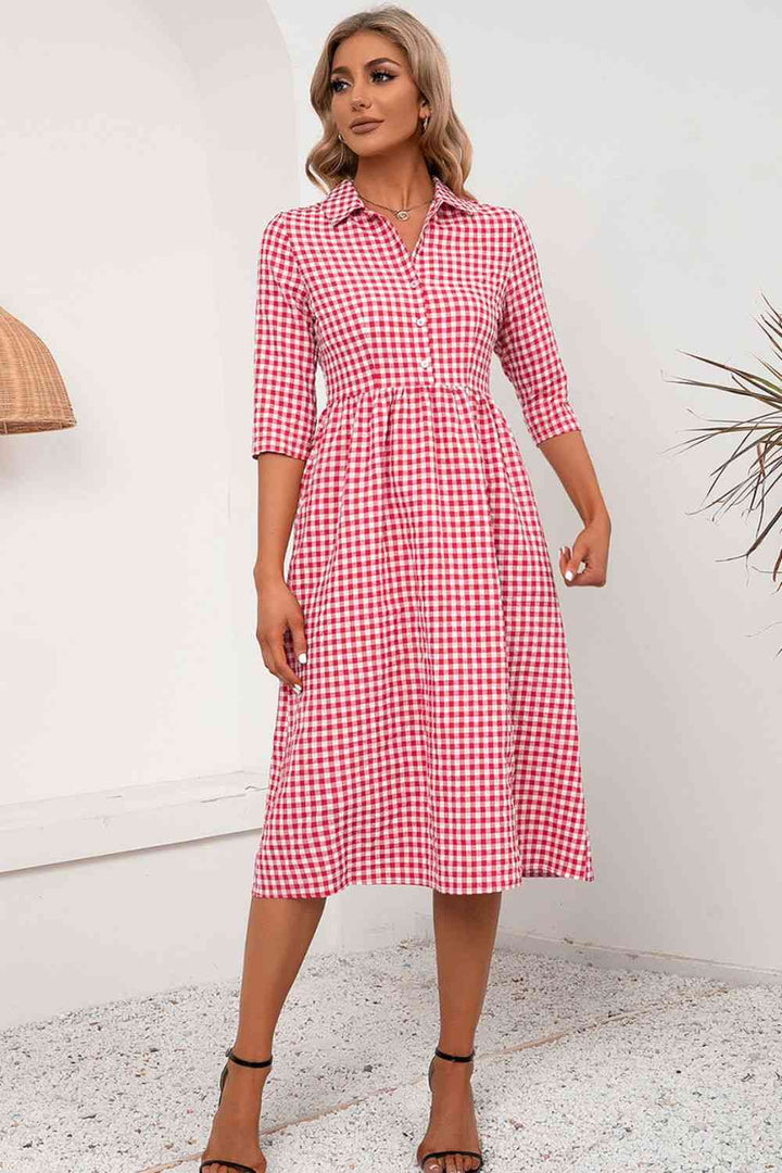 Plaid Collared Neck Midi Dress |1mrk.com