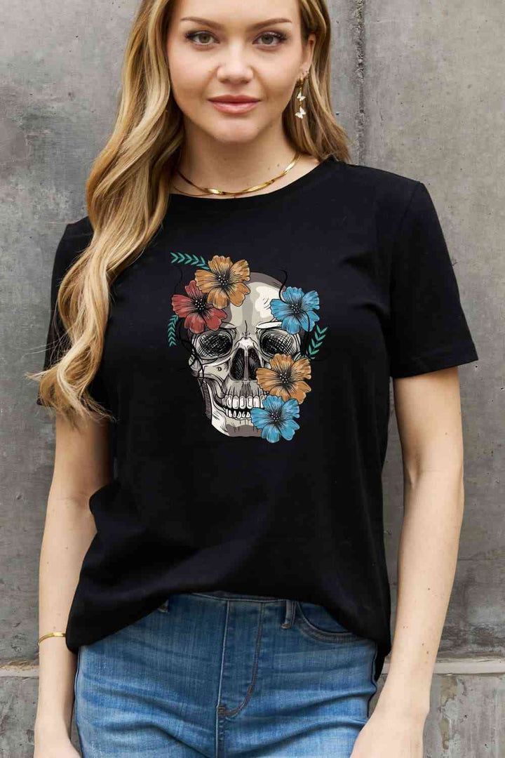 Simply Love Full Size Flower Skull Graphic Cotton Tee | 1mrk.com