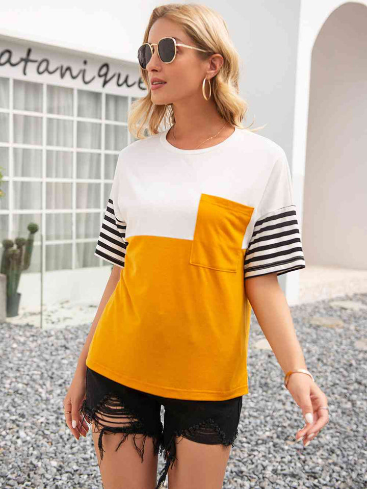 Striped Color Block Round Neck Tee | 1mrk.com