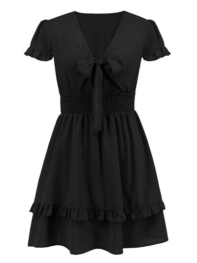 Tied V-Neck Tiered Mini Dress |1mrk.com