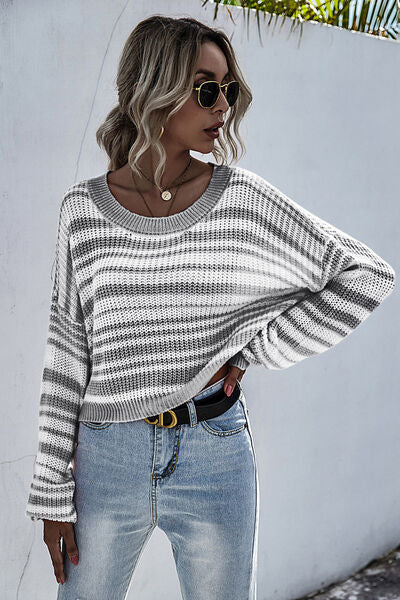 Striped Round Neck Dropped Shoulder Sweater | Trendsi