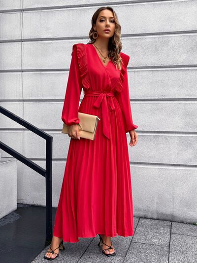 Pleated Surplice Tie Waist Maxi Dress |1mrk.com