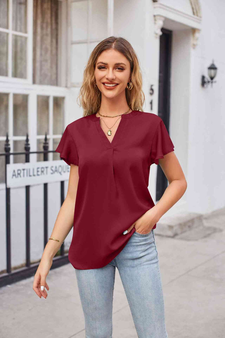 Notched Neck Flutter Sleeve Satin Top | 1mrk.com