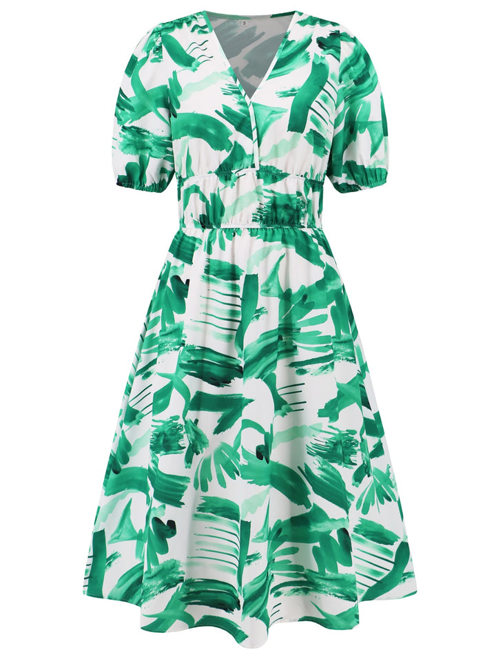 Ruched Printed Surplice Short Sleeve Dress | Trendsi